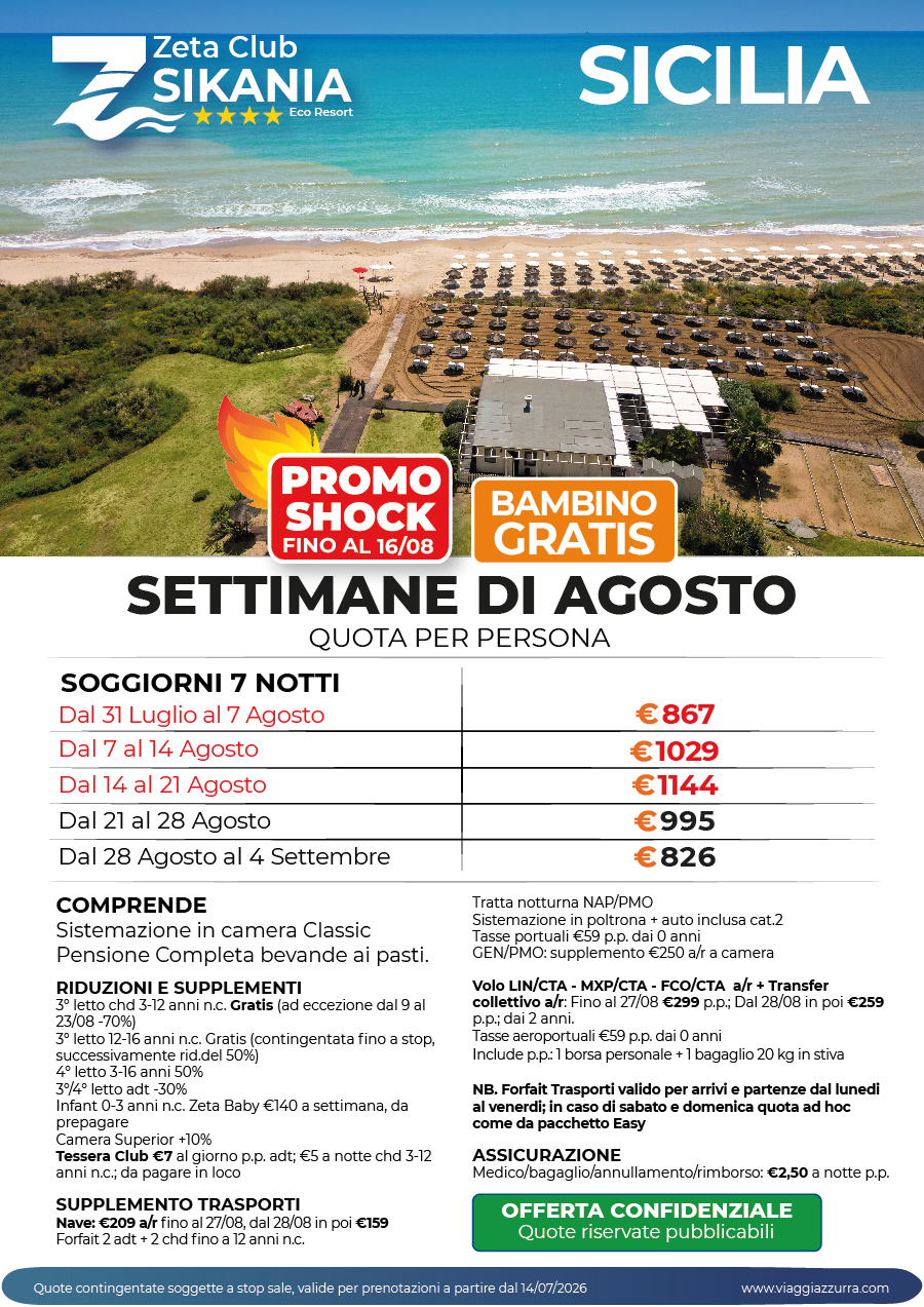 PROMO SHOCK | SETTIMANE AGOSTO - Zeta Club Sikania Eco Resort 