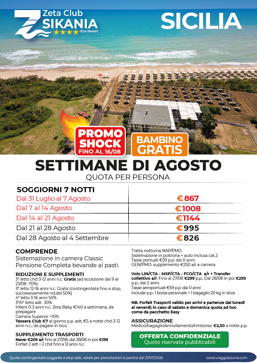 PROMO SHOCK | SETTIMANE AGOSTO - Zeta Club Sikania Eco Resort 