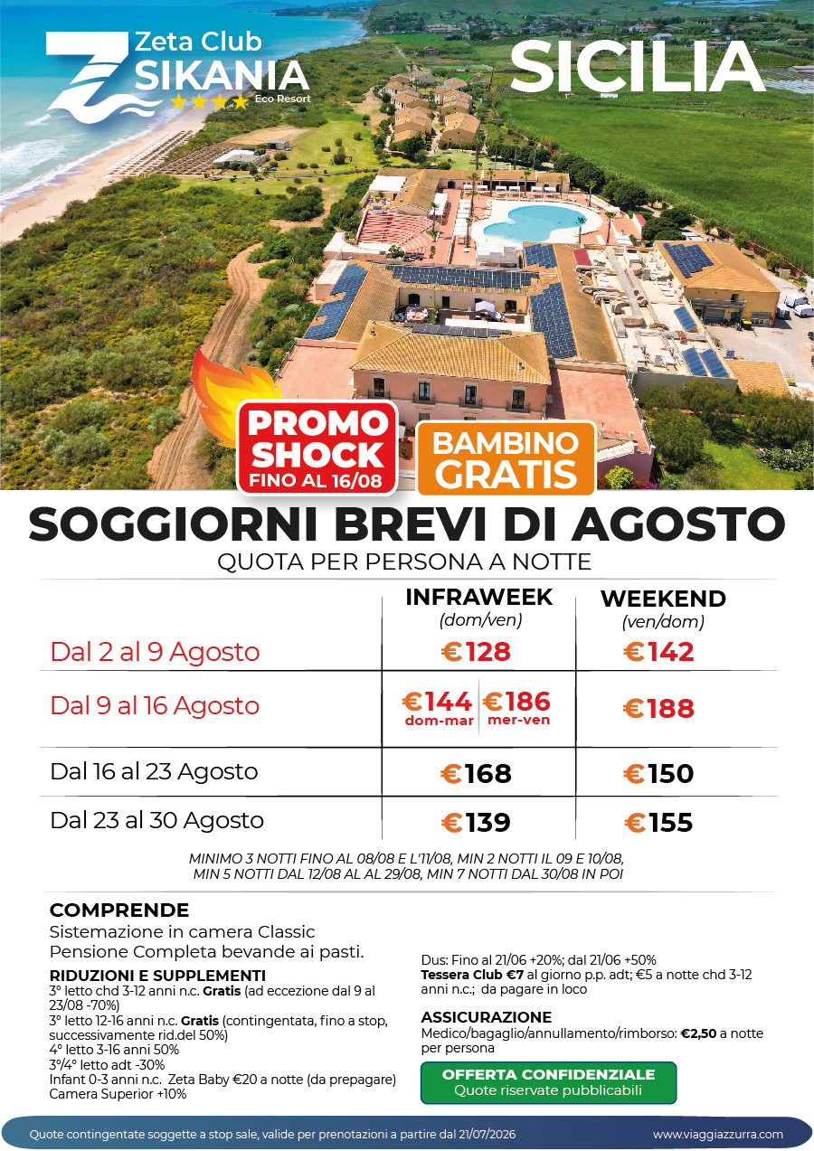 PROMO SHOCK | SOGGIORNI BREVI DI AGOSTO - Zeta Club Sikania 