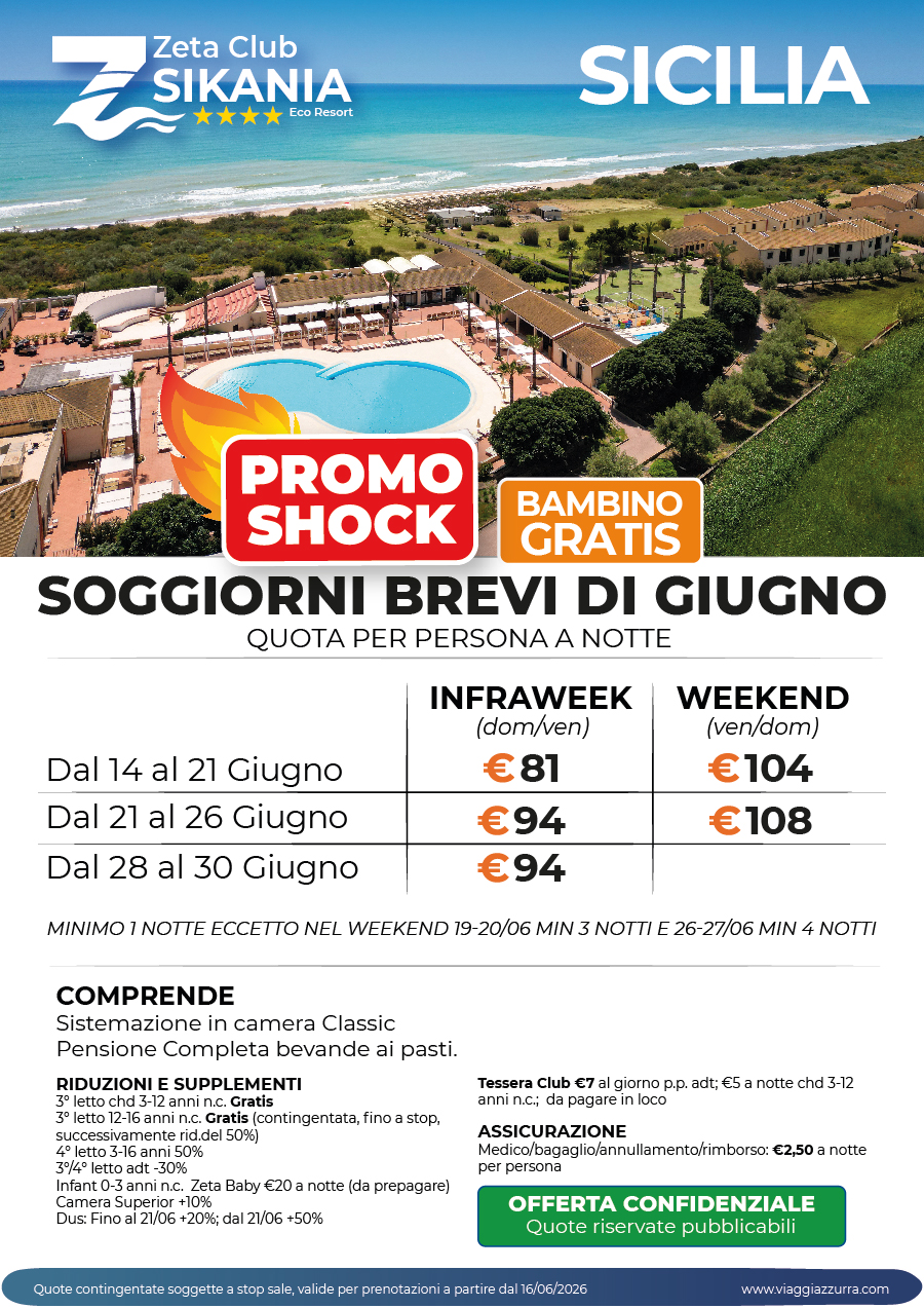 PROMO SHOCK SOGGIORNI BREVI DI GIUGNO - Zeta Club Sikania