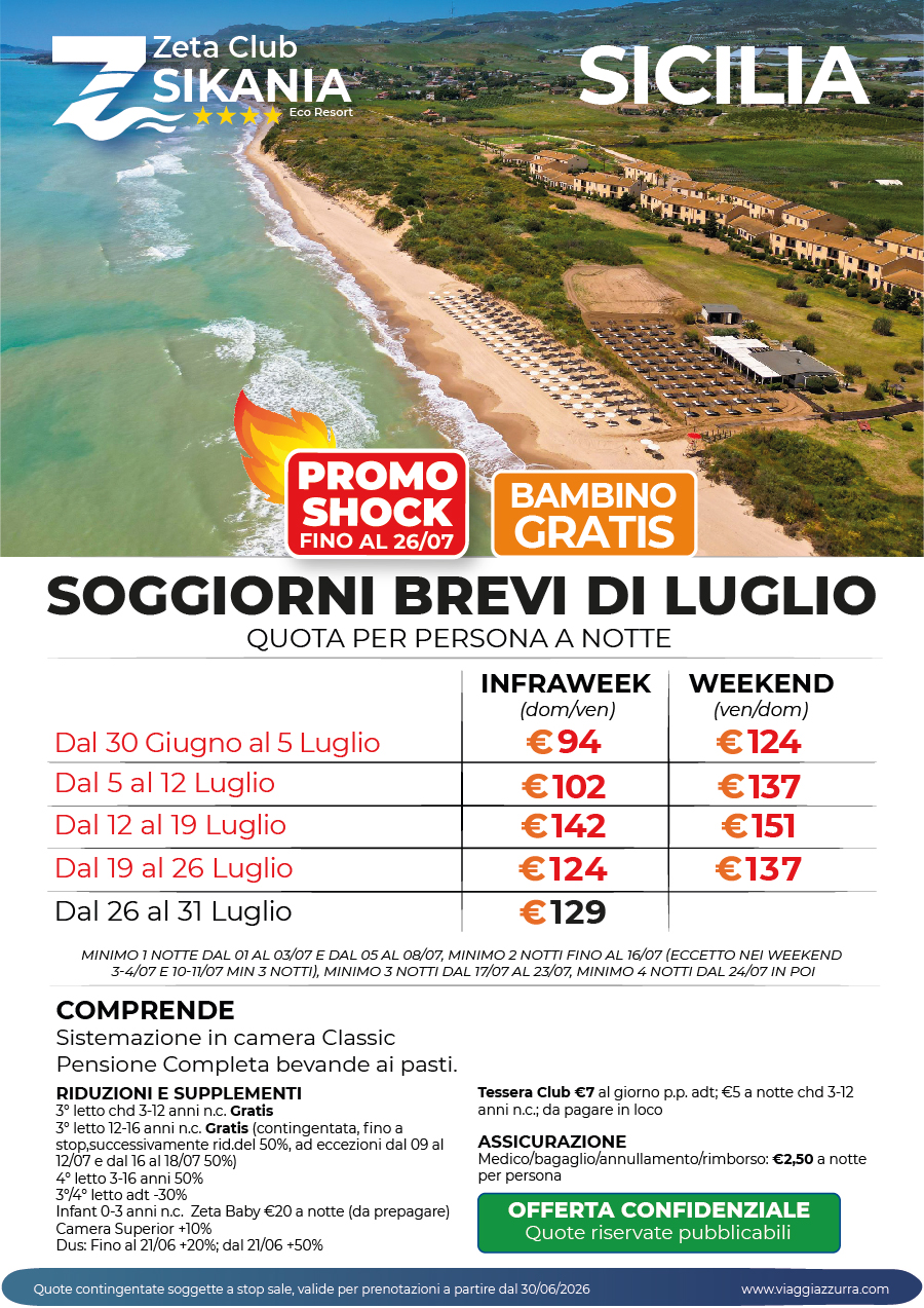 PROMO SHOCK SOGGIORNI BREVI DI LUGLIO - Zeta Club Sikania