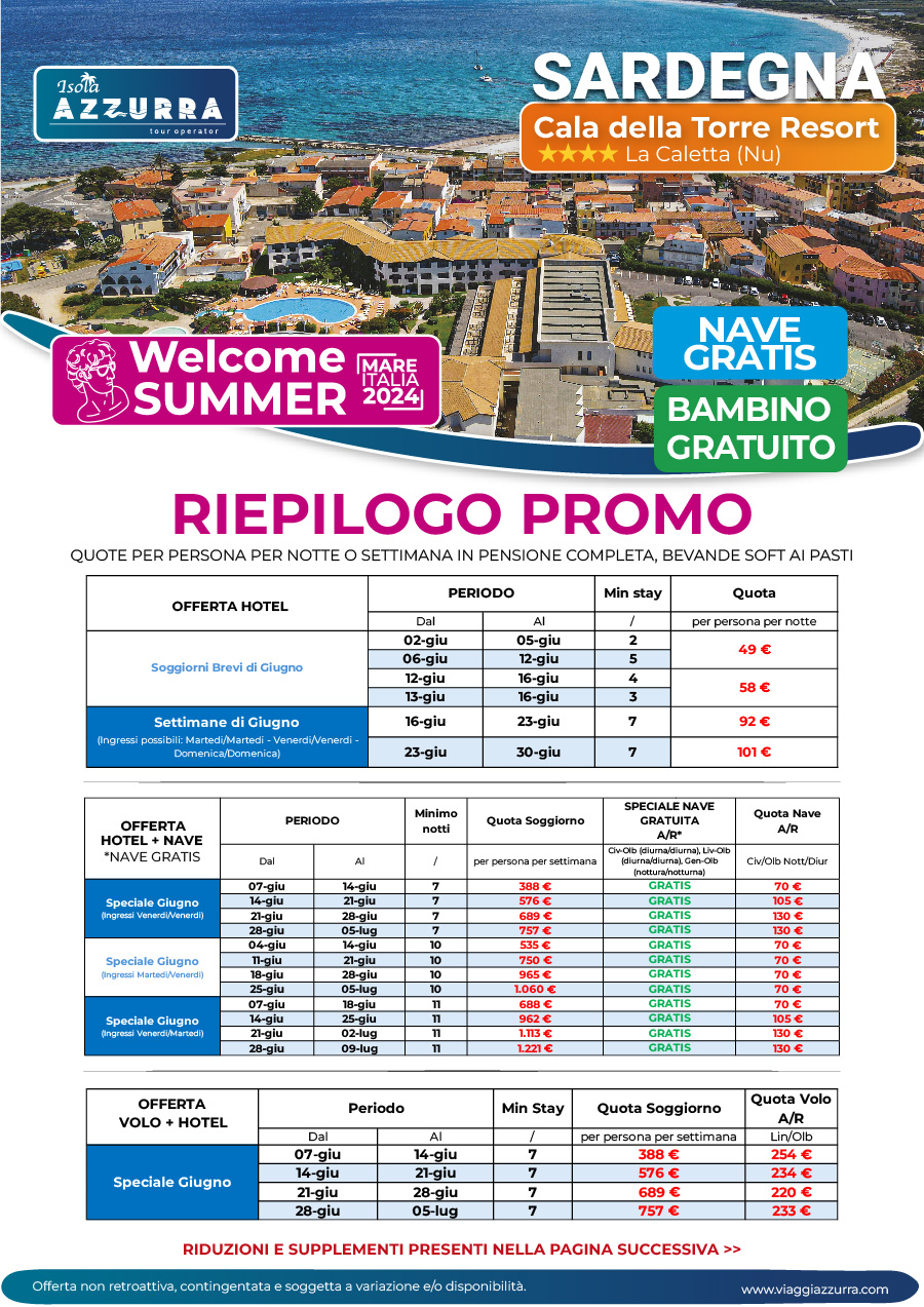 Riepilogo Welcome Summer Cala della Torre Resort (Nave Gratis)