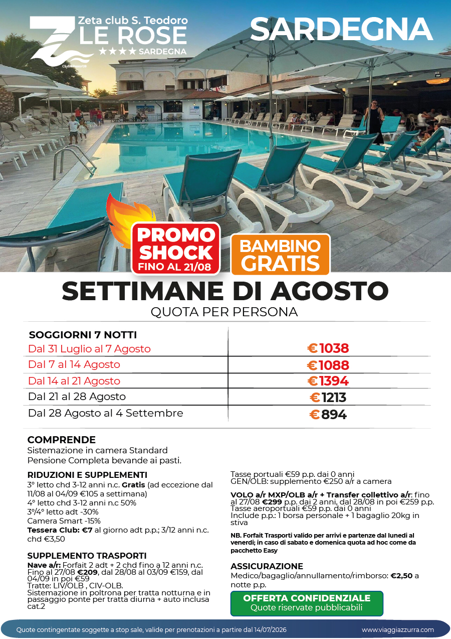 PROMO SHOCK | SETTIMANE DI AGOSTO - ZETA CLUB SAN TEODORO LE ROSE