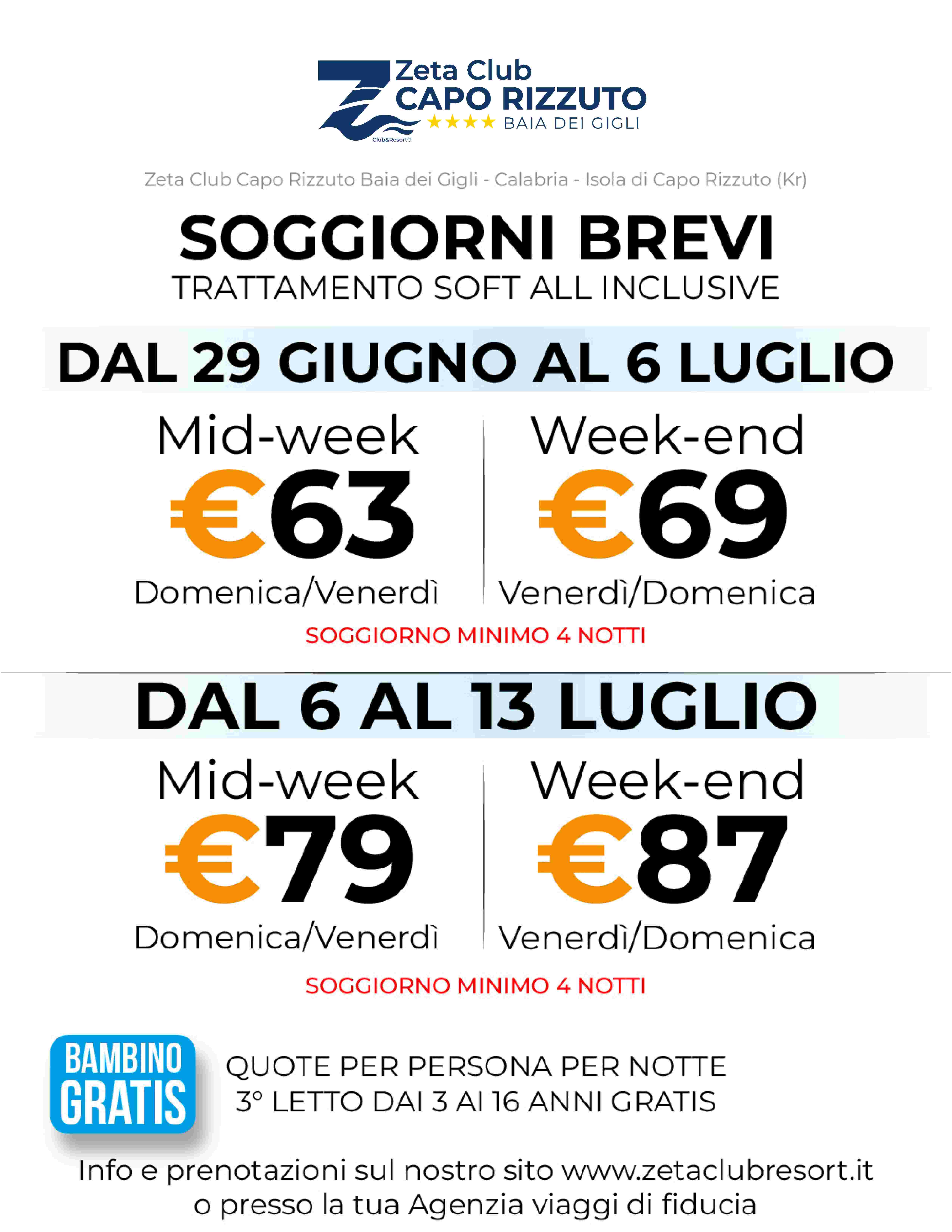 Promo shock soggiorni brevi 29/06 - 13/07 - Zeta club capo rizzuto