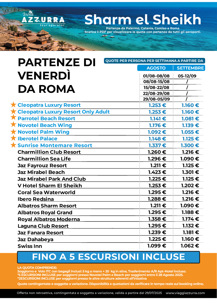 Sharm El Sheikh 2025 da Roma - Partenze di venerdì